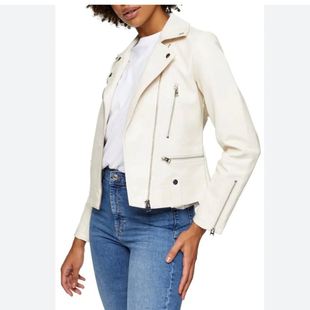 Topshop fred faux leather biker jacket in Ecru Cream Size 8